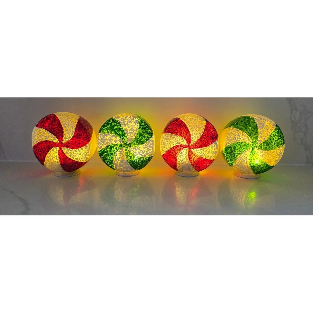 4pc Christmas Peppermint Candy LED Lights Red Green Mercury Glass Decor